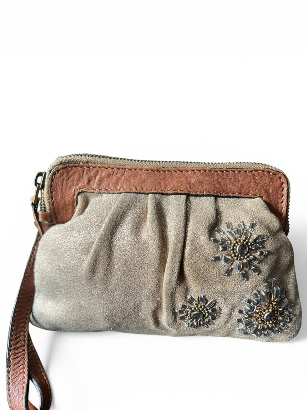 Fossil Vintage Crystal Embellished Bronze Ruched Leather Suede Clutch